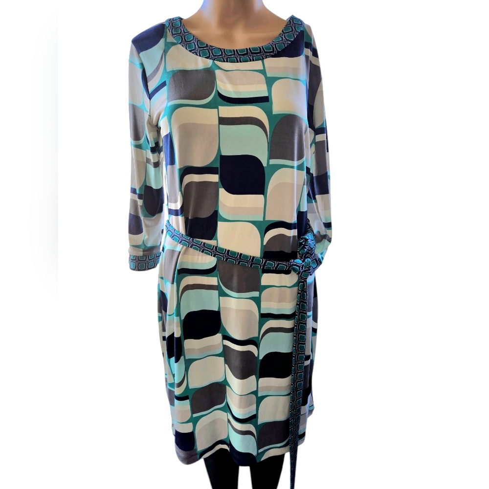 Geometric Print Long-Sleeve Sheath Dress in Teal and Black